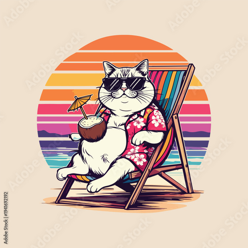 Cute cat reading book on beach chair with cocktail and sunglasses summer vibes t-shirt design
