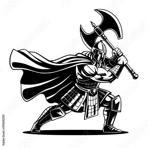 Medieval knight warrior illustration with axe and cape