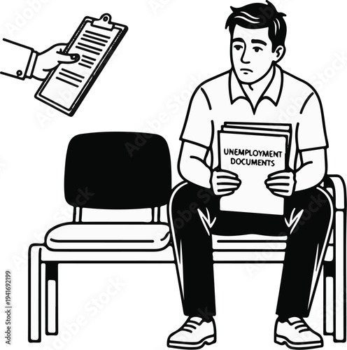 Man sits waiting with unemployment documents