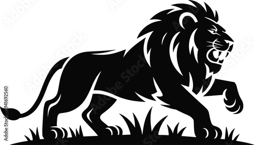 Roaring lion walking in grass silhouette, powerful wild animal predator vector illustration, safari wildlife symbol strength mascot design