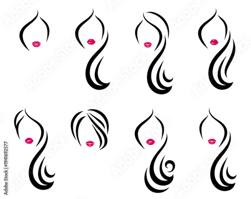 Hair salon set, hairstyling icons with woman face, short haircut and long hair