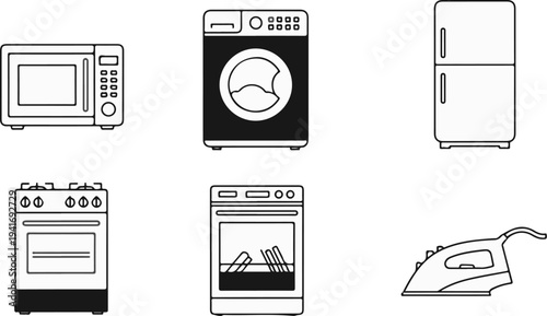 Outline icons of kitchen appliances including microwave, washer, fridge, stove, oven and iron