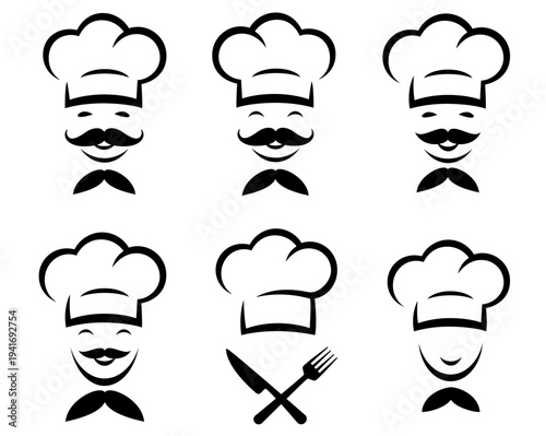 Smiling cooking chef with mustache, food icons set with utensil, fork and knife