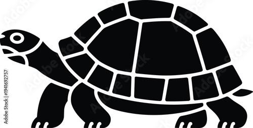 Turtle silhouette walking with detailed shell pattern, wildlife reptile animal vector illustration, nature conservation symbol minimalist design