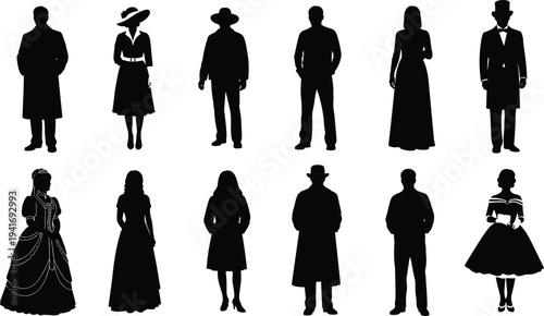 Silhouettes of men and women in vintage and formal attire people