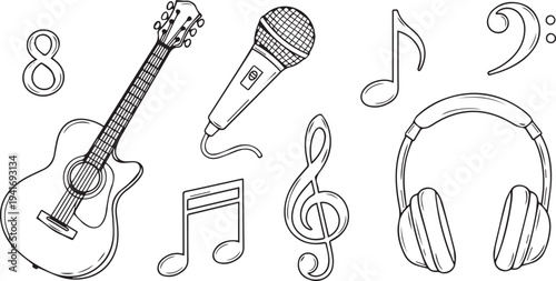 Set of 8 music icons vector, guitar, microphone, headphones, notes