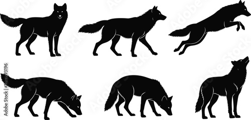 Six black silhouette wolf illustrations in various poses on white background Keywords: wolf, animal, silhouette, black, white