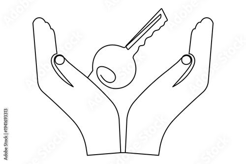 Hands holding a key in minimalist one line art style for real estate and security concept