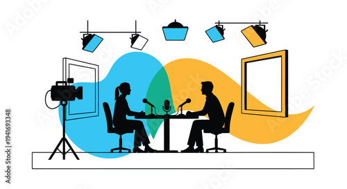 Vector illustration of two people in a video production studio