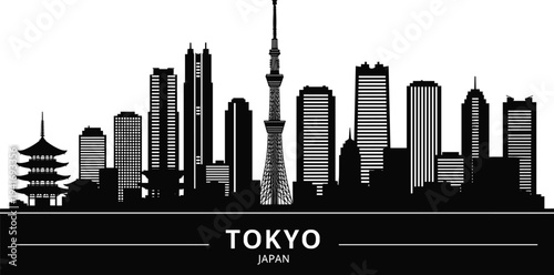 Tokyo skyline silhouette with Tokyo Skytree and pagoda on white background Japan city