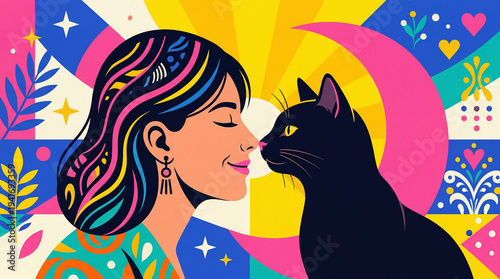 Pop Art Illustration of Happy Woman and Black Cat Touching Noses