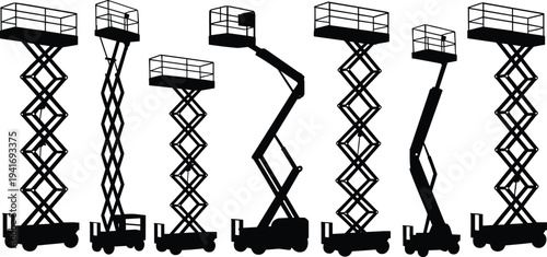 Scissor lift and boom lift aerial work platform silhouettes collection, elevated construction access equipment for maintenance and industrial work isolated on light background