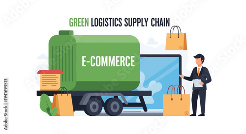 Green Logistics E-commerce Supply Chain Concept. Sustainable Delivery Truck, Eco-Friendly Shipping for Online Shopping & Modern Business Operations.