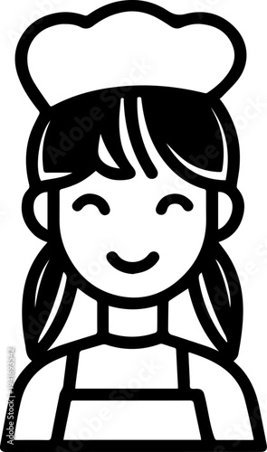 Hand Drawn Woman as Chef Black and White Avatar Illustration in Minimal Line Art Style Design