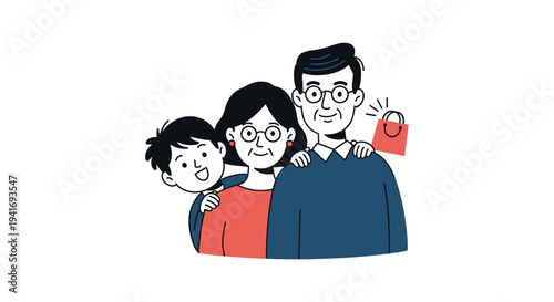 Happy Grandparents and Grandchild with Shopping Bag. Multi-Generational Family Gift and Shopping Illustration.