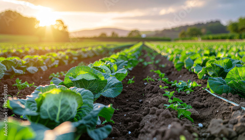 Cabbage Field at Sunset with Green Plants