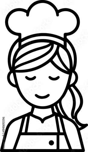 Hand Drawn Woman as Chef Black and White Avatar Illustration in Minimal Line Art Style Design