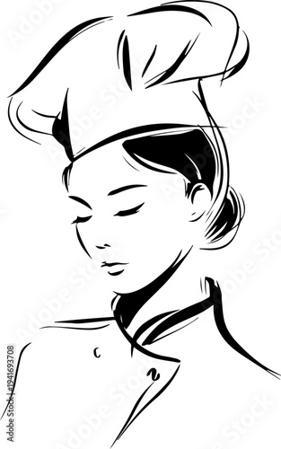 Hand Drawn Woman as Chef Black and White Avatar Illustration in Minimal Line Art Style Design