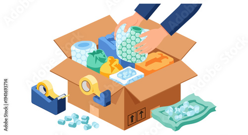 Hands Packing Fragile Items in Cardboard Box with Bubble Wrap for Moving and Shipping. Safe Delivery, Relocation, and E-commerce Logistics Illustration.