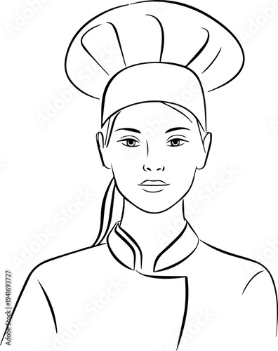 Hand Drawn Woman as Chef Black and White Avatar Illustration in Minimal Line Art Style Design