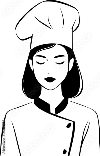 Hand Drawn Woman as Chef Black and White Avatar Illustration in Minimal Line Art Style Design