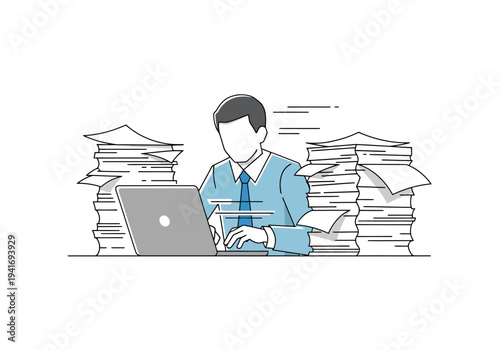 Business Professional Working Diligently at a Laptop Amongst Piles of Documents Illustrating Deadline Pressure and Time Management at the Office