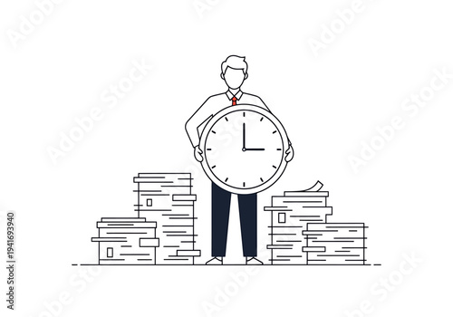 Deadline Pressure Illustration Businessman Holding Clock with Document Overload Depicting Time Management and Stress in the Office Environment