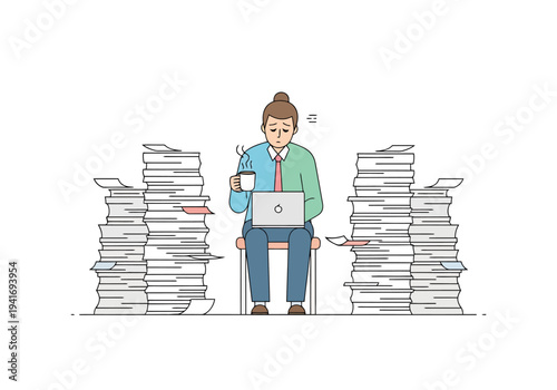 Woman working with laptop and coffee surrounded by stacks of papers illustrating modern office life depicting workload and deadlines