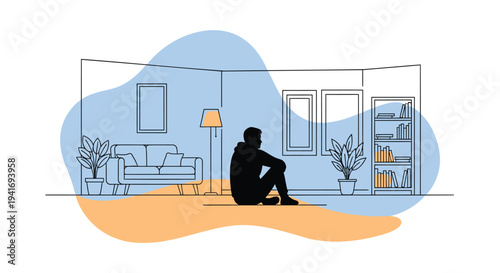 Vector illustration of a person sitting alone in a living room