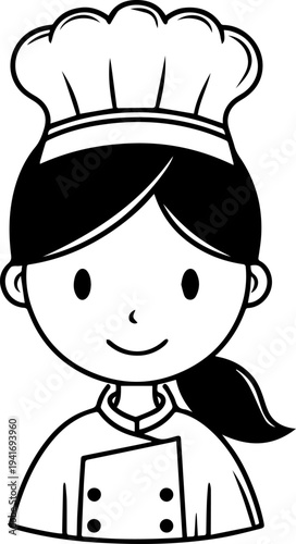 Hand Drawn Woman as Chef Black and White Avatar Illustration in Minimal Line Art Style Design