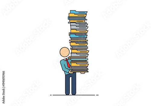 Overwhelmed Worker Cartoon with Pile of Documents and Files Stressful Task Management and Heavy Workload Concept