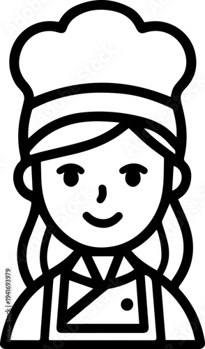 Hand Drawn Woman as Chef Black and White Avatar Illustration in Minimal Line Art Style Design