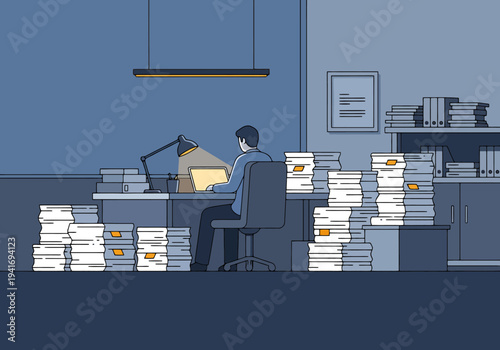 Overworked Office Worker at Desk with Laptop and Stacks of Paper Documents Late at Night Cartoon Illustration Deadline Stress Blue Tones