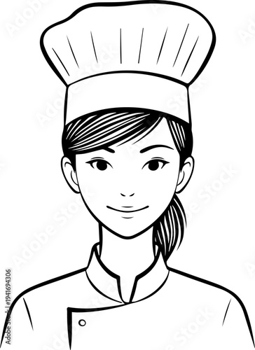 Hand Drawn Woman as Chef Black and White Avatar Illustration in Minimal Line Art Style Design