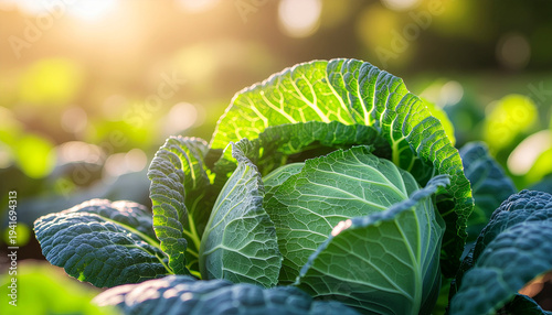 Cabbage Plant Growing in Garden Closeup