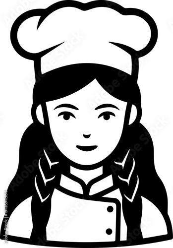 Hand Drawn Woman as Chef Black and White Avatar Illustration in Minimal Line Art Style Design
