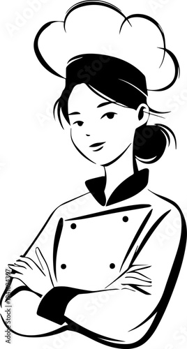 Hand Drawn Woman as Chef Black and White Avatar Illustration in Minimal Line Art Style Design