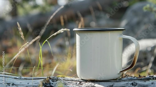 A small white coffee mug sits on top of a rustic log, perfect for outdoor scenes or rustic decor