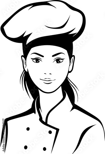 Hand Drawn Woman as Chef Black and White Avatar Illustration in Minimal Line Art Style Design