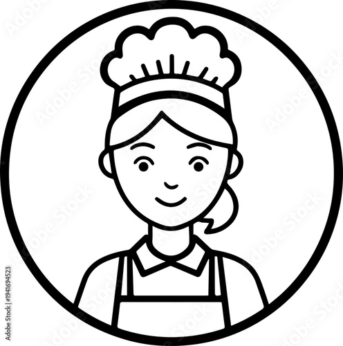 Hand Drawn Woman as Chef Black and White Avatar Illustration in Minimal Line Art Style Design
