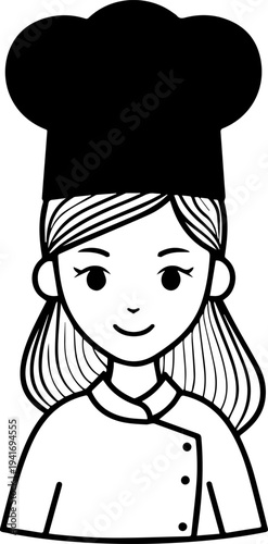 Hand Drawn Woman as Chef Black and White Avatar Illustration in Minimal Line Art Style Design