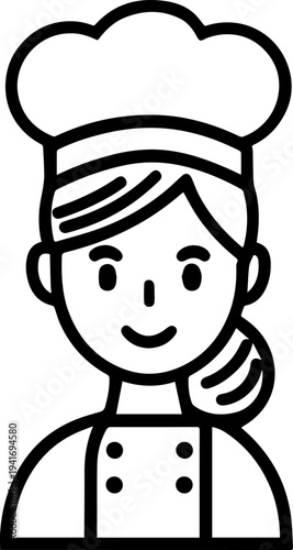 Hand Drawn Woman as Chef Black and White Avatar Illustration in Minimal Line Art Style Design