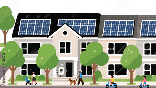 Suburban street scene with people walking and riding scooters past houses with solar panels.