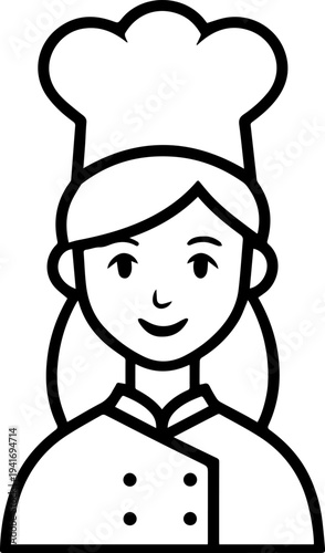 Hand Drawn Woman as Chef Black and White Avatar Illustration in Minimal Line Art Style Design