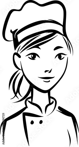 Hand Drawn Woman as Chef Black and White Avatar Illustration in Minimal Line Art Style Design
