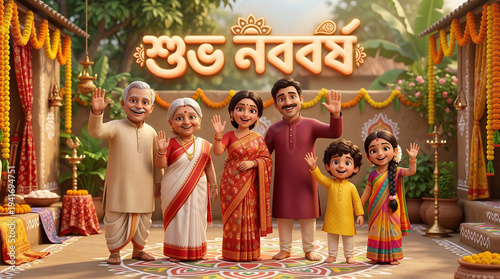 Festive Family Greeting: A vibrant illustration depicts a joyful family, dressed in traditional attire, extending warm greetings against a backdrop of festive decorations.