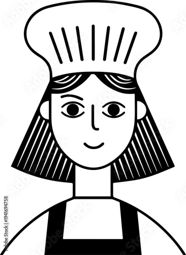 Hand Drawn Woman as Chef Black and White Avatar Illustration in Minimal Line Art Style Design