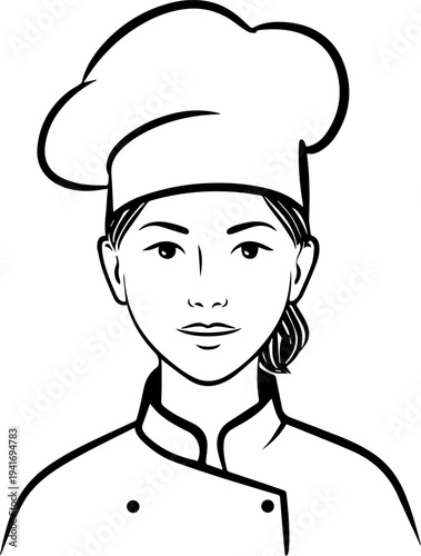 Hand Drawn Woman as Chef Black and White Avatar Illustration in Minimal Line Art Style Design