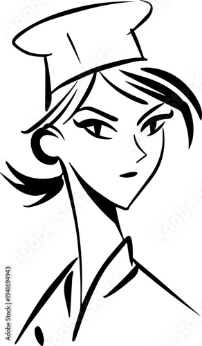 Hand Drawn Woman as Chef Black and White Avatar Illustration in Minimal Line Art Style Design