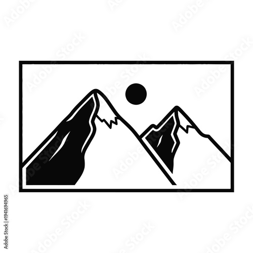 Black and white mountain landscape illustration with moon and simple rectangular frame